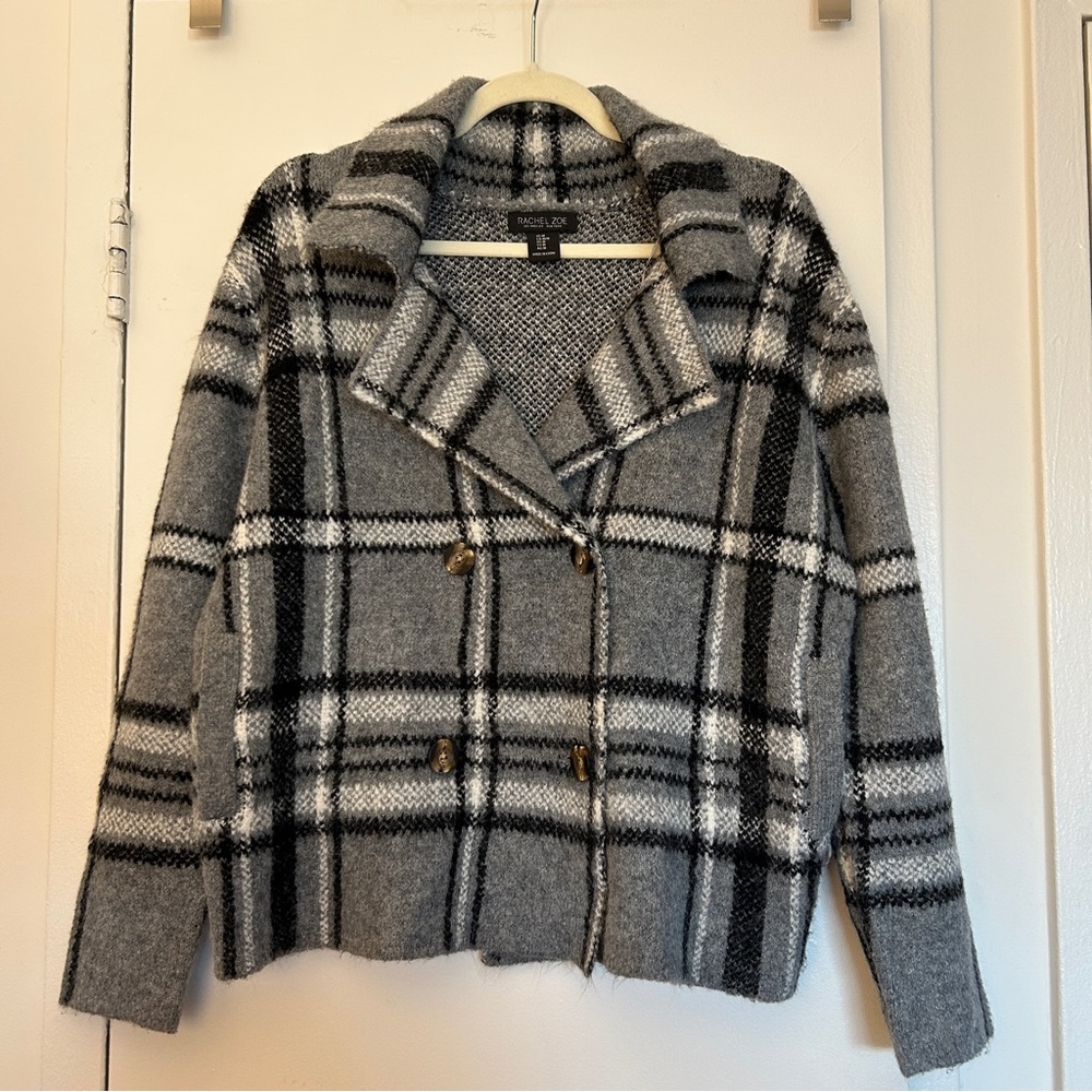 Rachel Zoe Plaid Sweater Jacket Blazer Soft in Gray, Black & White (Size Medium)